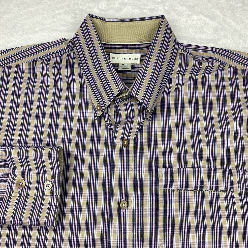 Cutter & Buck Dress Shirt Mens XL Pink/Tan Plaid Contrasting Trim Extra Pocket